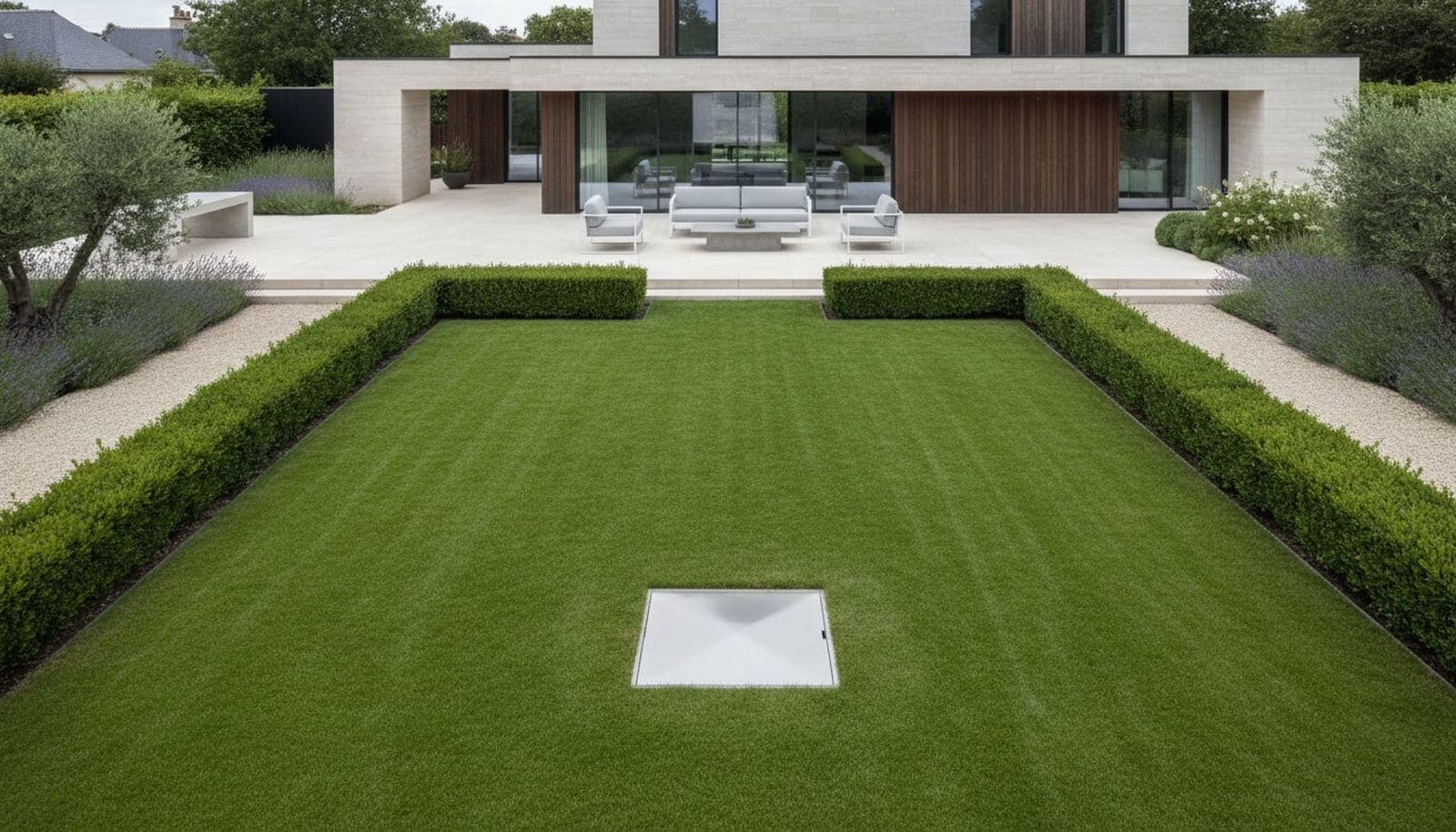 Jardin d'une maison contemporaine, la trappe d'acier de l'abri affleurant la pelouse
