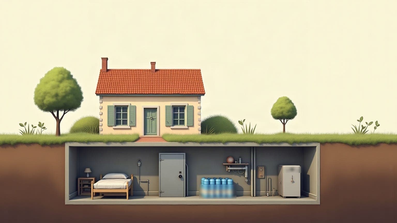 Vue en coupe d’une maison française avec son jardin en surface et, en dessous, un abri enterré aménagé