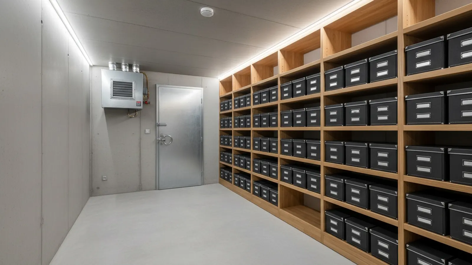 Sous-sol rénové en espace sécurisé, rangements en bois, ventilation murale et porte acier