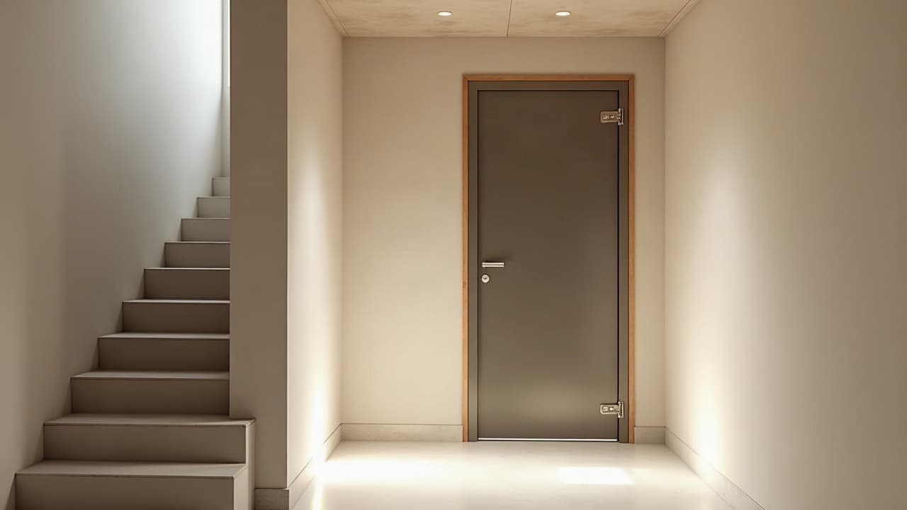 Espace de sous-sol aménagé et sécurisé, murs en béton armé et éclairage tempéré