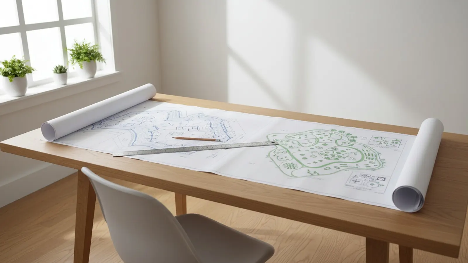 Plan de terrain et plan de jardin déroulés sur une table de travail claire