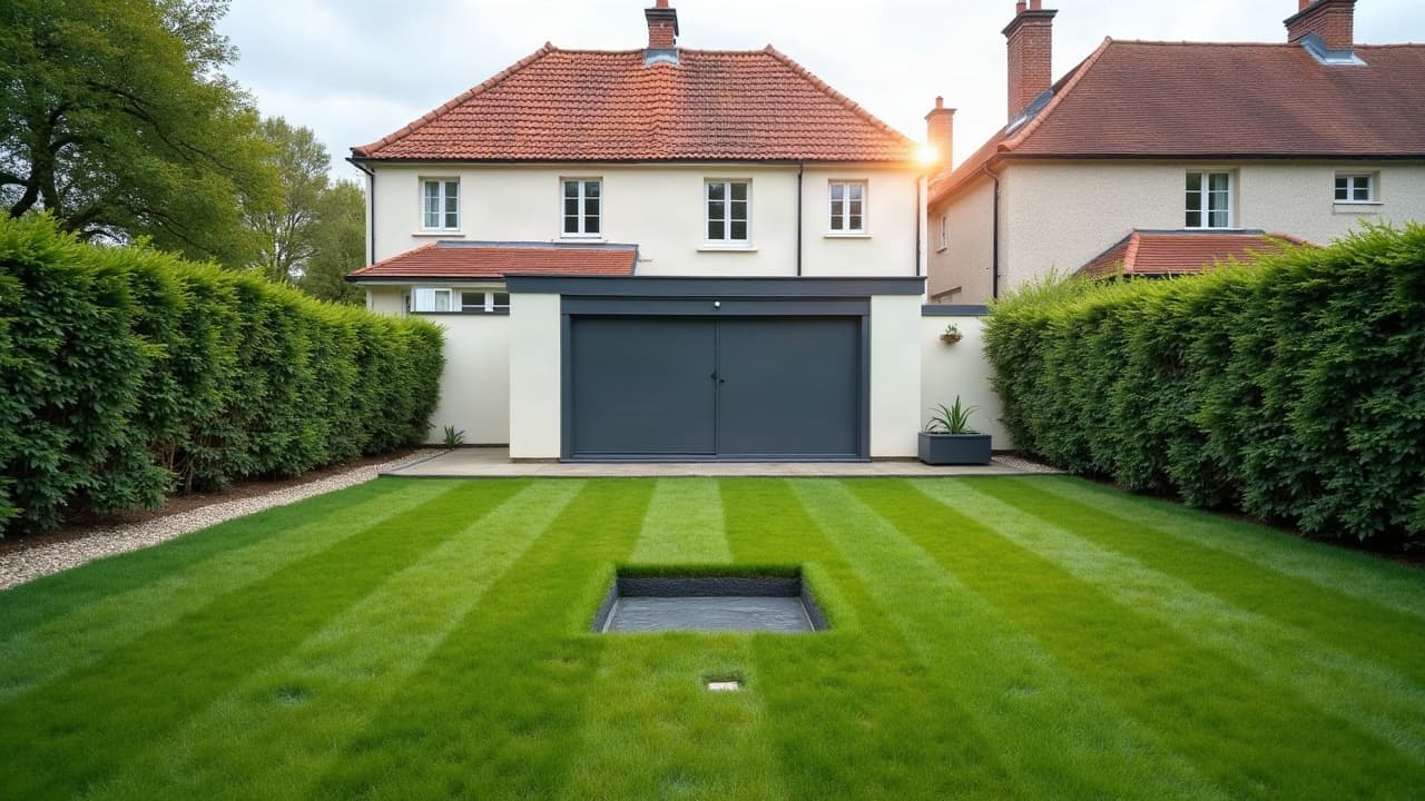 Jardin de particulier avec trépied de géomètre près d'une trappe d'accès affleurante