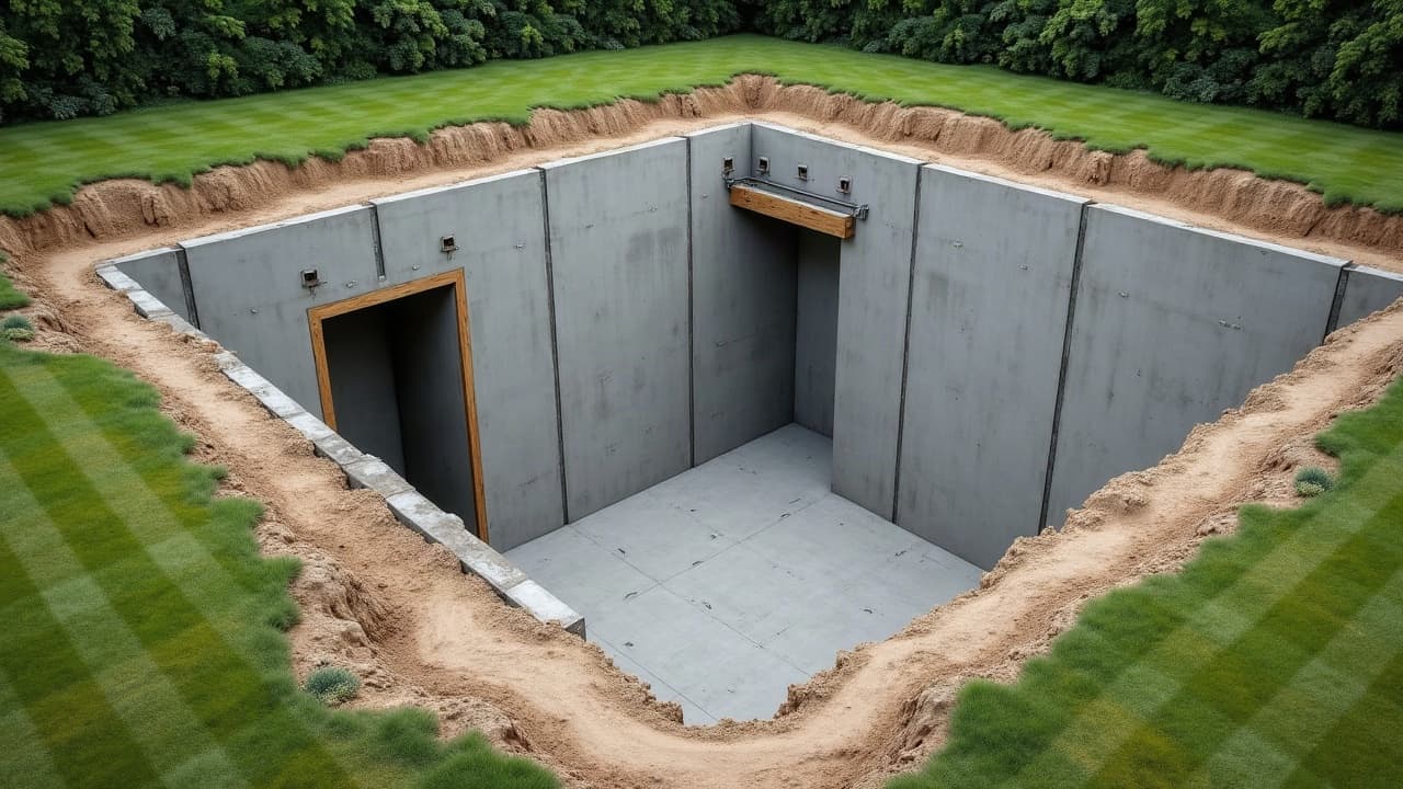 Intérieur fini d'un abri enterré aux parois en béton armé gris pâle