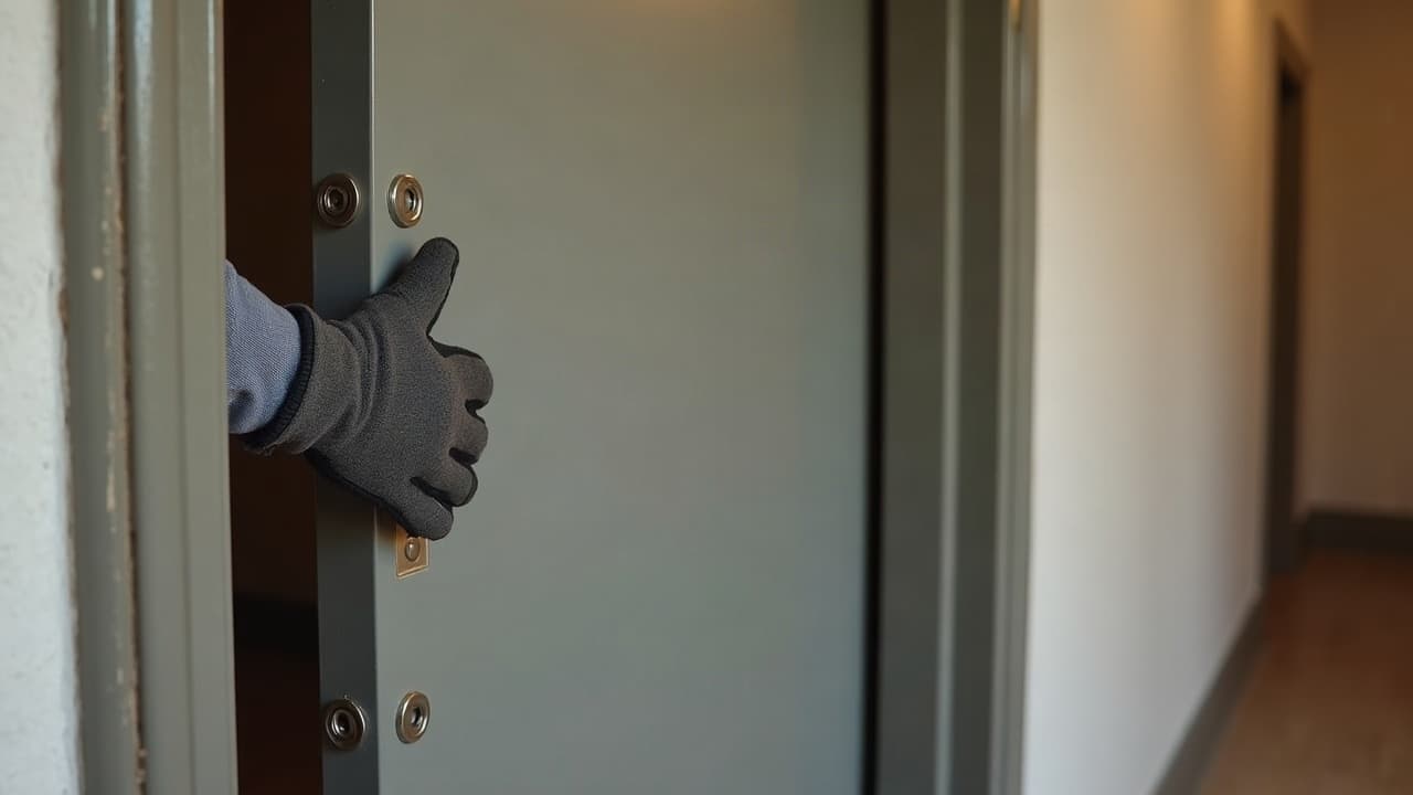 Main verrouillant le mécanisme multipoint d'une porte blindée de pièce sécurisée