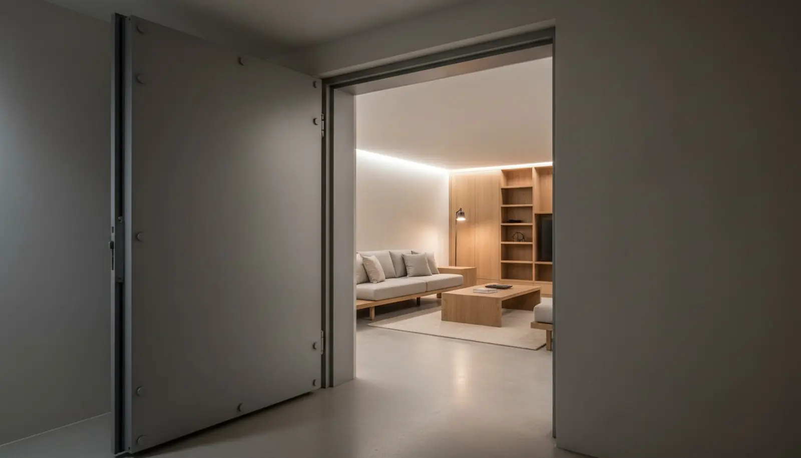 Intérieur aménagé d’un abri enterré en béton armé