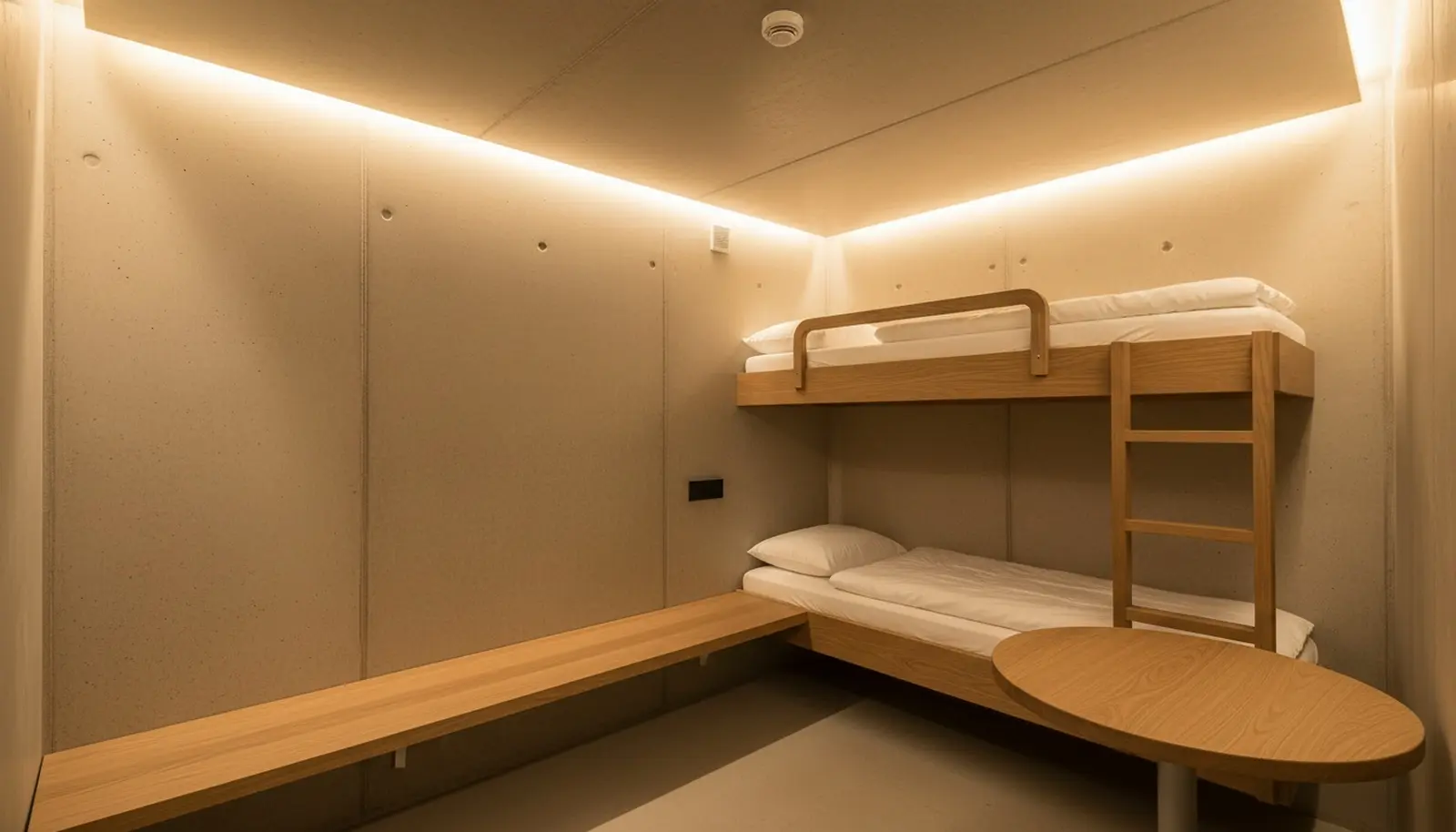 Chambre d'un abri enterré, lits superposés en chêne, banc et table rabattable