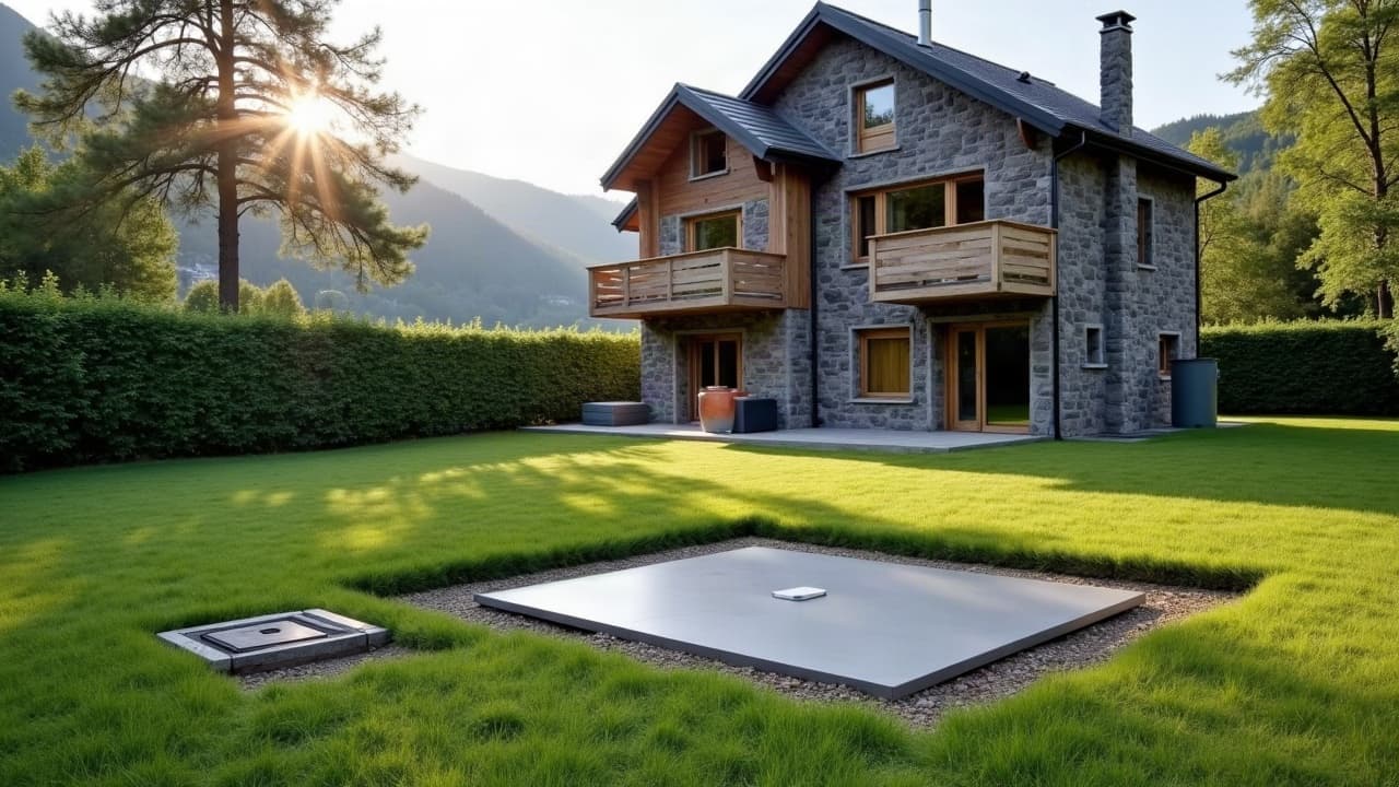 Jardin en pente d'une maison individuelle avec vue sur les contreforts du Massif Central
