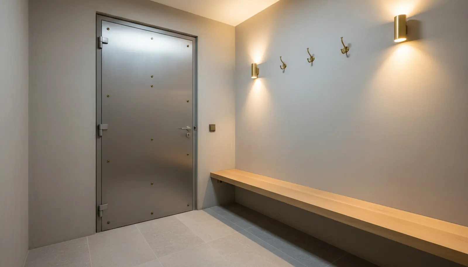 Sas d'un abri enterré, porte blindée rectangulaire et banc en chêne