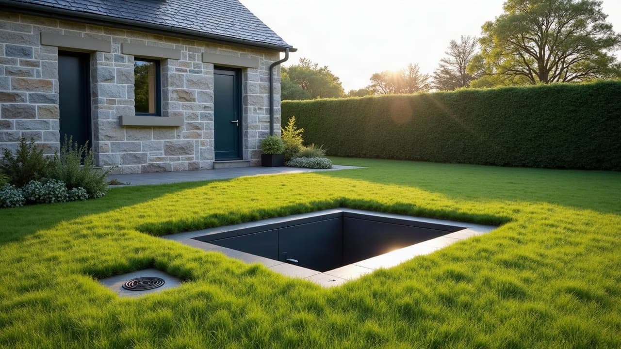 Jardin d'une maison en pierre à proximité du littoral breton, avant chantier d'abri enterré