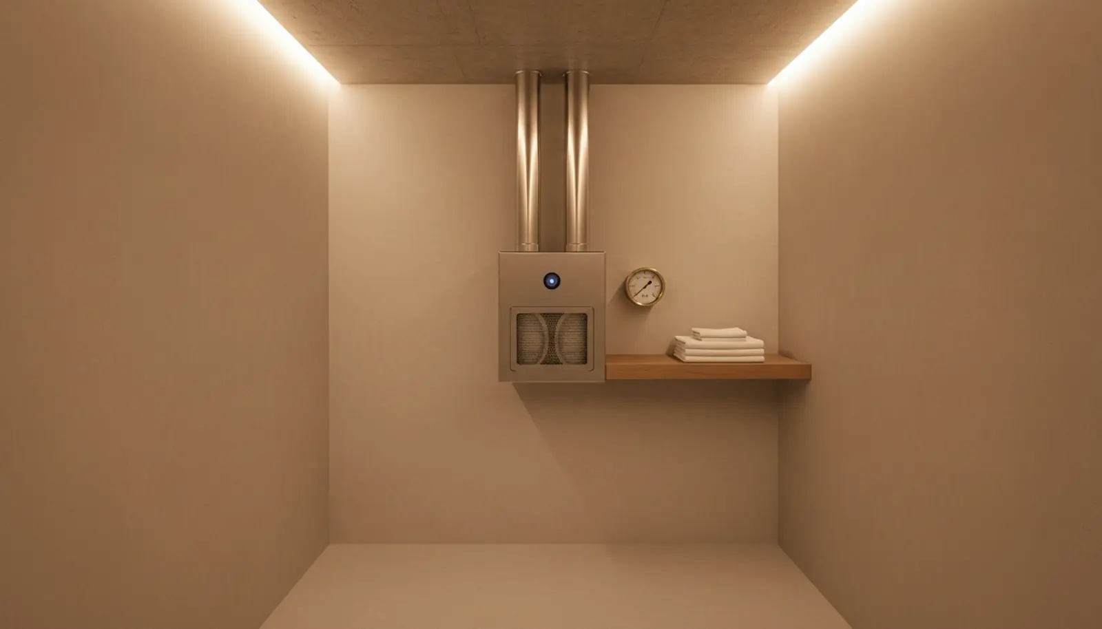 Local technique d'un abri enterré, unité de ventilation filtrée au mur