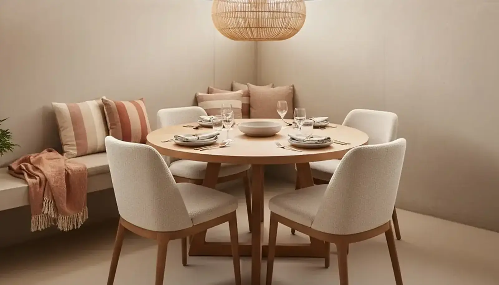 Coin repas d'un abri enterré, table ronde en bois et banquette
