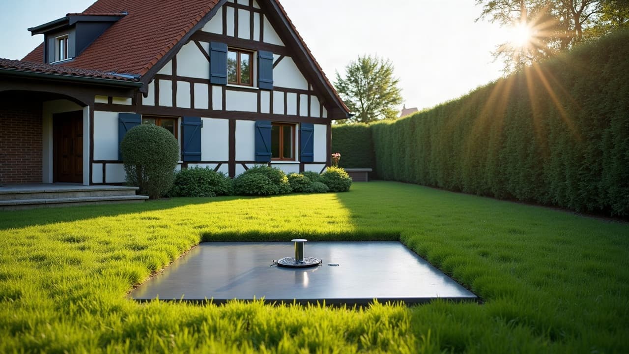 Jardin d'une maison à colombages en plaine d'Alsace, avant projet d'abri enterré