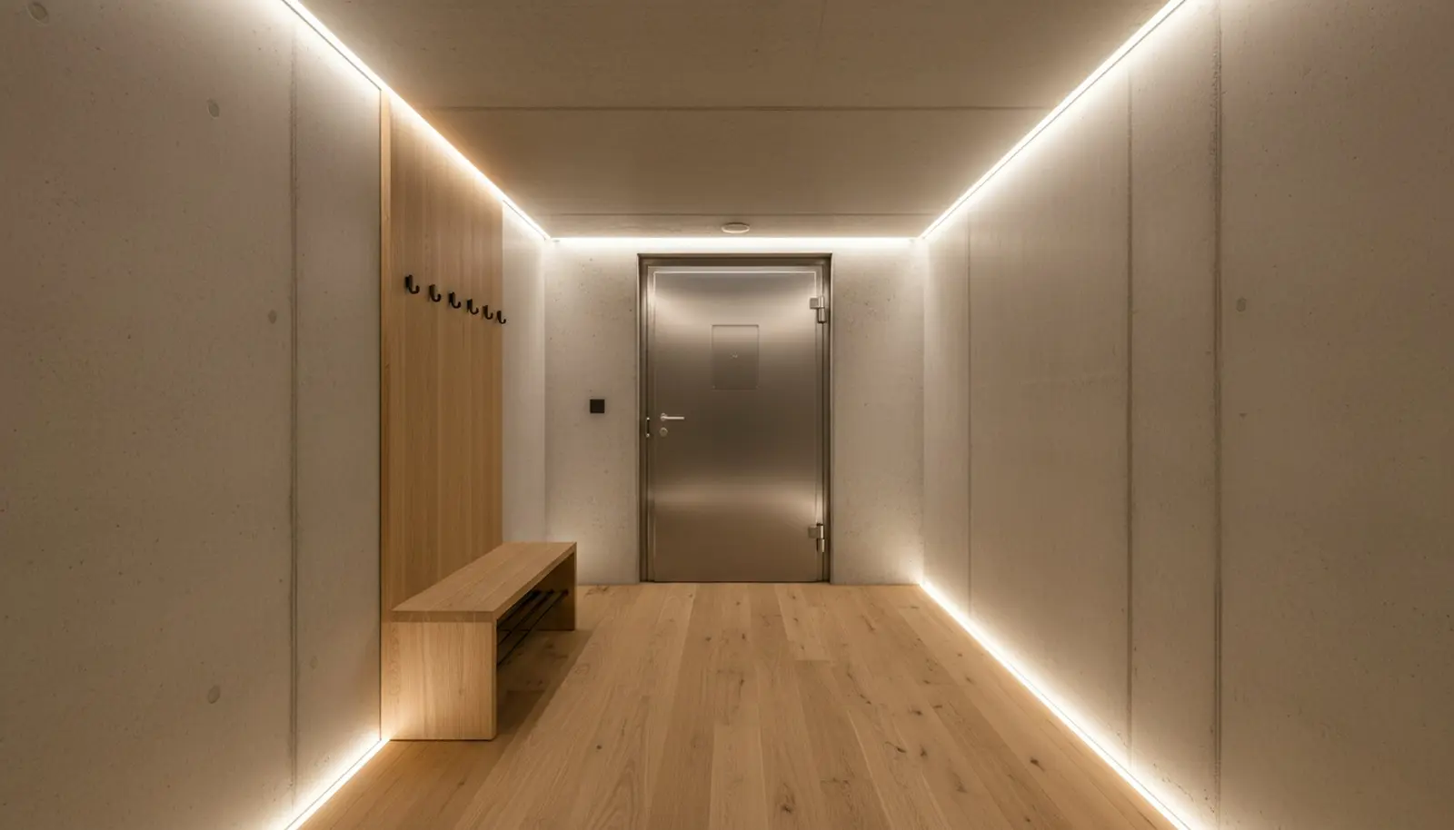Entrée d'un abri enterré, couloir en béton clair, banc et porte en acier
