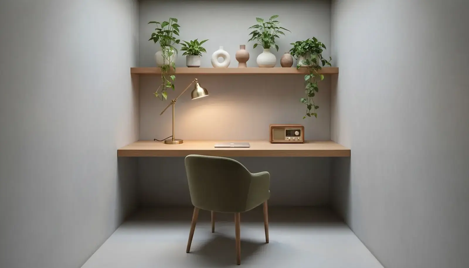 Bureau aménagé dans un abri enterré, plan de travail en chêne et plantes