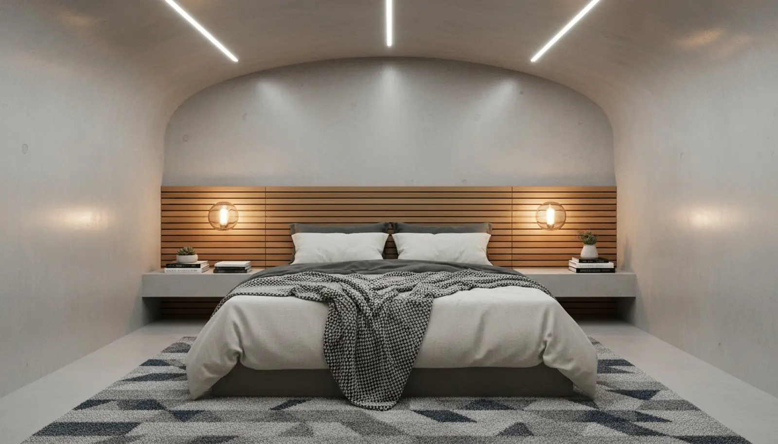 Chambre d'un abri enterré, grand lit et tête de lit en bois