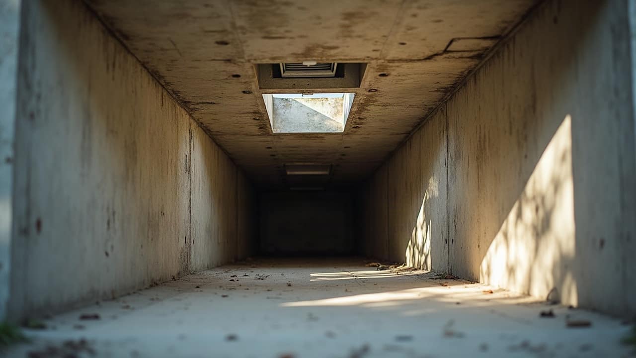 Grille de ventilation propre et poutre en béton visibles au plafond d'un abri sécurisé terminé