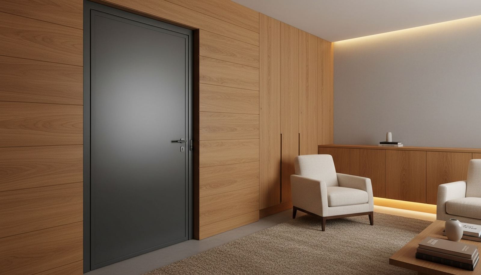 Pièce sécurisée dans une maison contemporaine, porte d'acier dans un mur habillé de chêne et deux fauteuils clairs