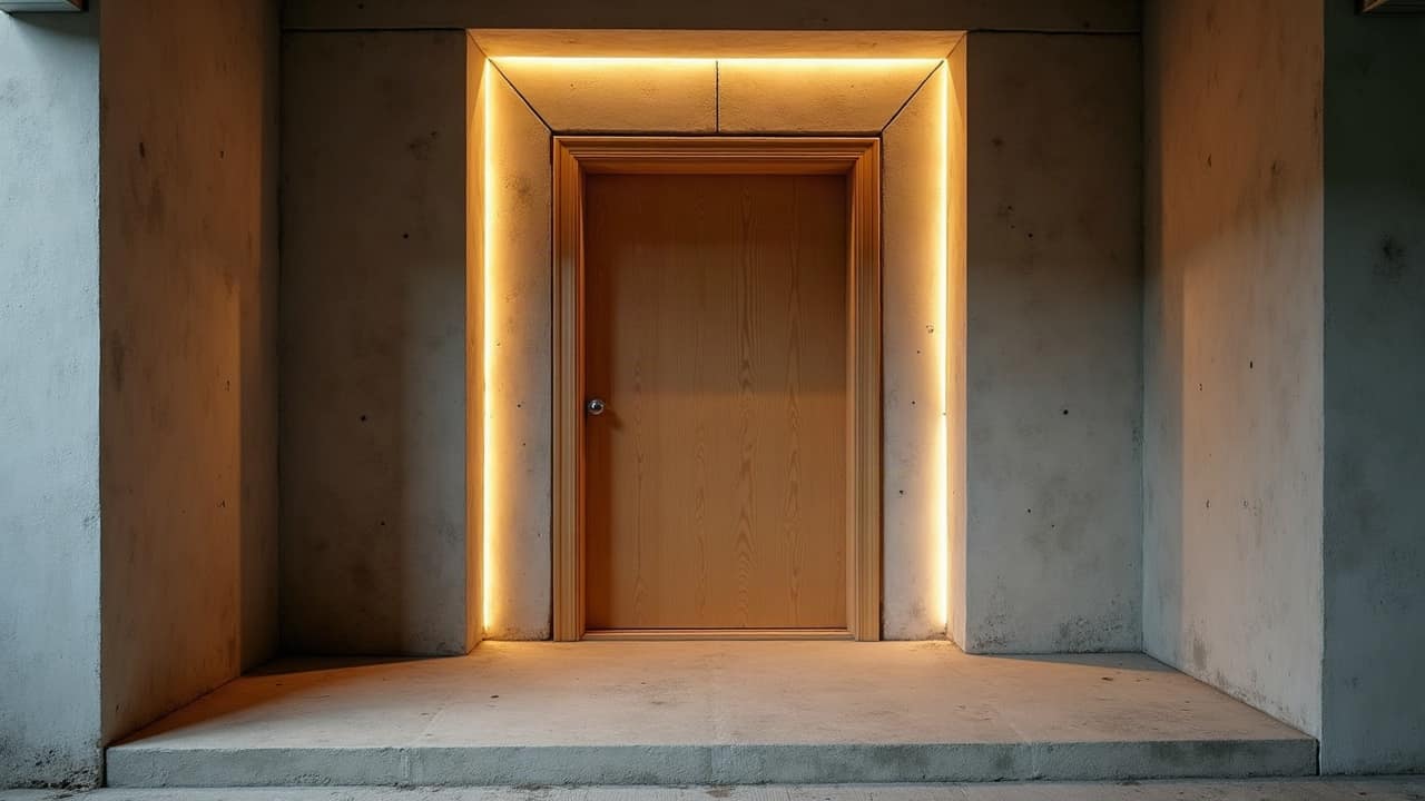 Intérieur d'une pièce sécurisée aménagée dans une maison, porte renforcée entrouverte, rangements intégrés