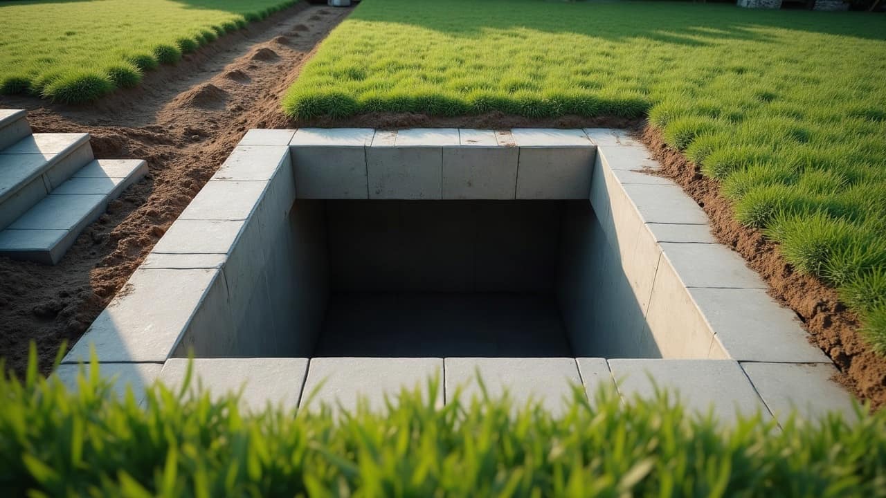 Trappe d'accès en acier affleurant la pelouse d'un jardin entretenu, abri enterré terminé
