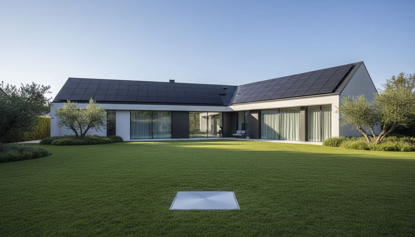 Maison contemporaine aux panneaux solaires, trappe d'acier affleurant la pelouse du jardin