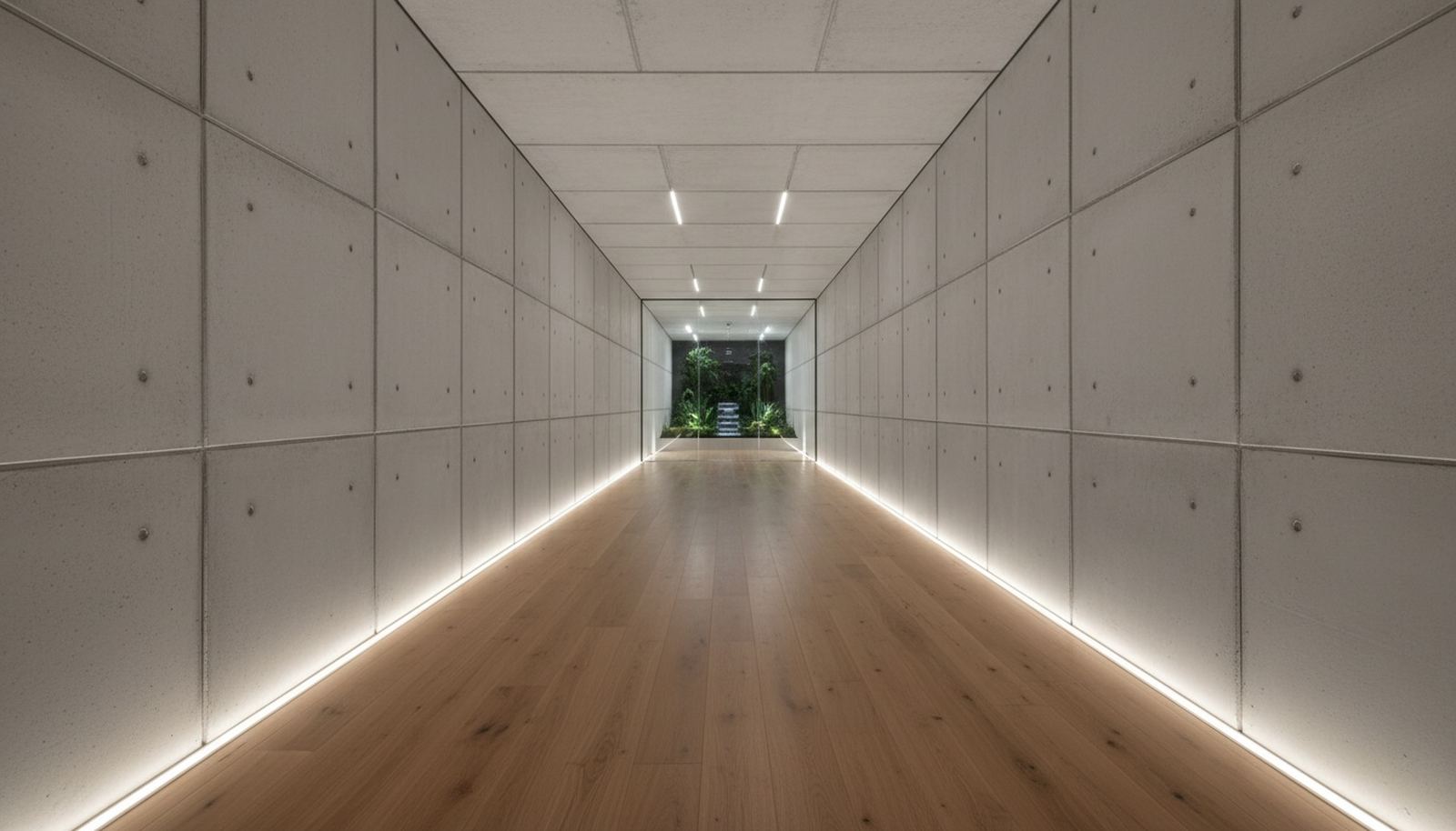 Couloir d'un abri enterré en éléments de béton préfabriqués aux joints réguliers, parquet de chêne