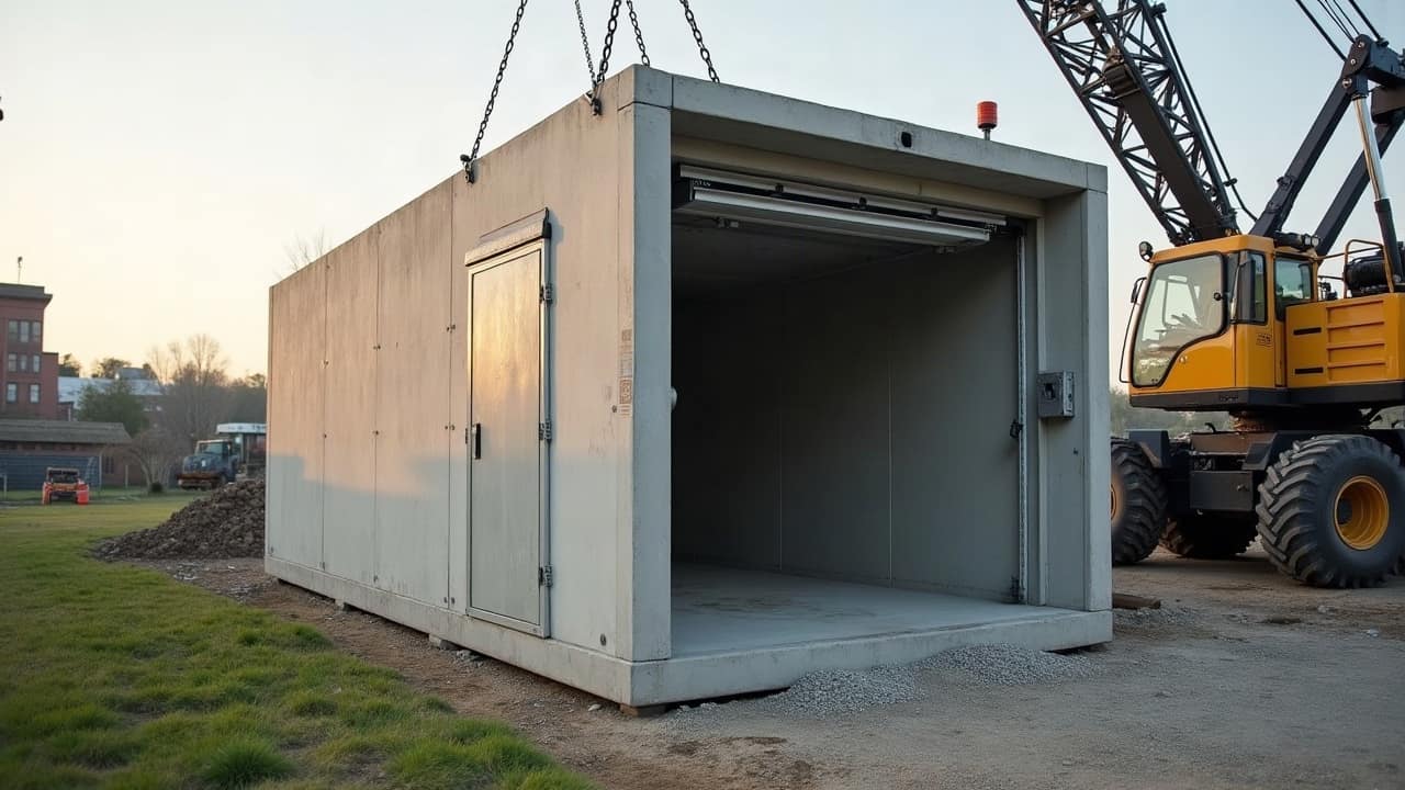 Module préfabriqué en béton posé par grue sur une dalle de fondation en extérieur