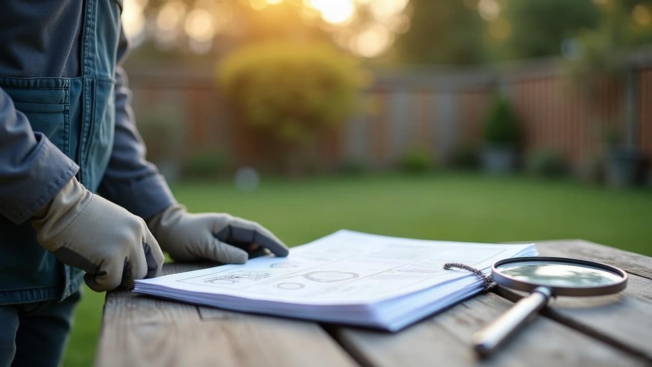 Un dossier de documents de construction posé près d'une trappe d'accès en acier dans un jardin entretenu