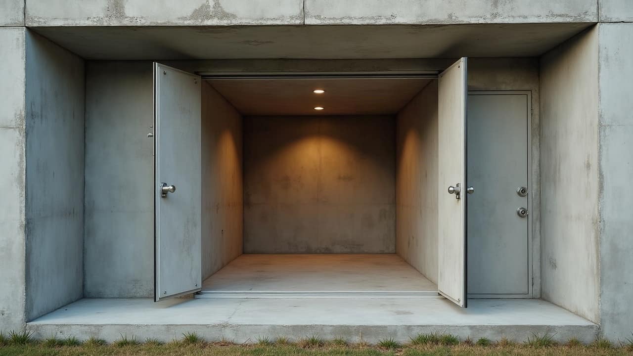 Vue large de l'intérieur d'un abri en béton vide, montrant ses proportions et son volume