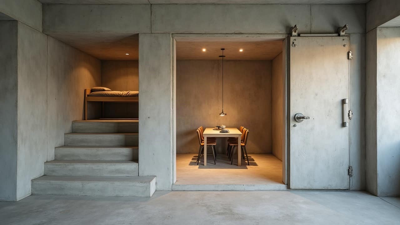Pièce de vie d'un abri enterré fini, alcôve de couchage en chêne et petite table