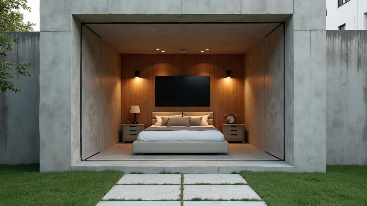 Pièce sécurisée calme dans une maison, lit de repos, placards en chêne et écran mural