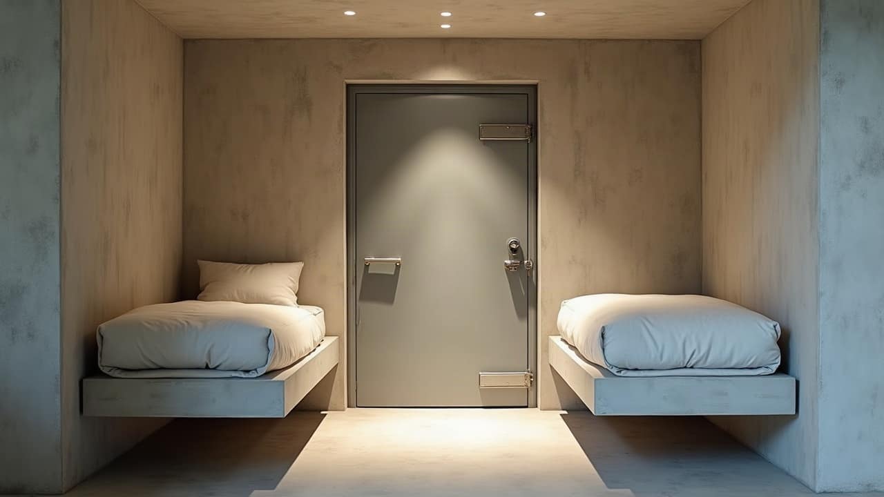 Intérieur aménagé d'un abri sécurisé en béton armé, éclairage tempéré et rangements intégrés