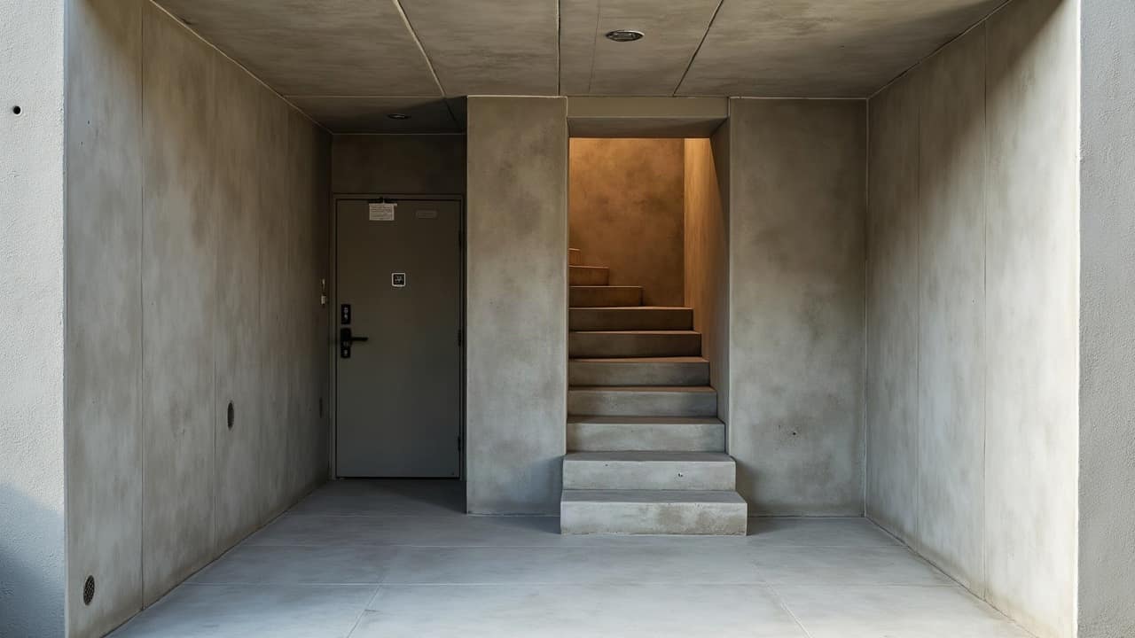 Abri au sous-sol d'une maison neuve, escalier intérieur et porte en acier rectangulaire