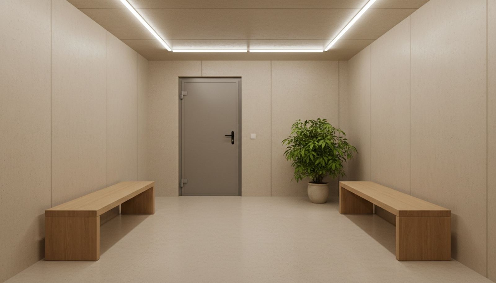 Pièce d'abri enterré tout juste livrée, murs en béton lisse, porte d'acier et bancs en chêne