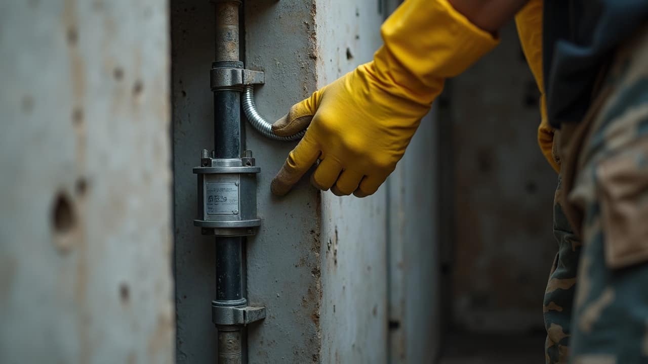 Une main gantée vérifie le panneau d'inspection d'une unité de filtration murale dans un abri terminé