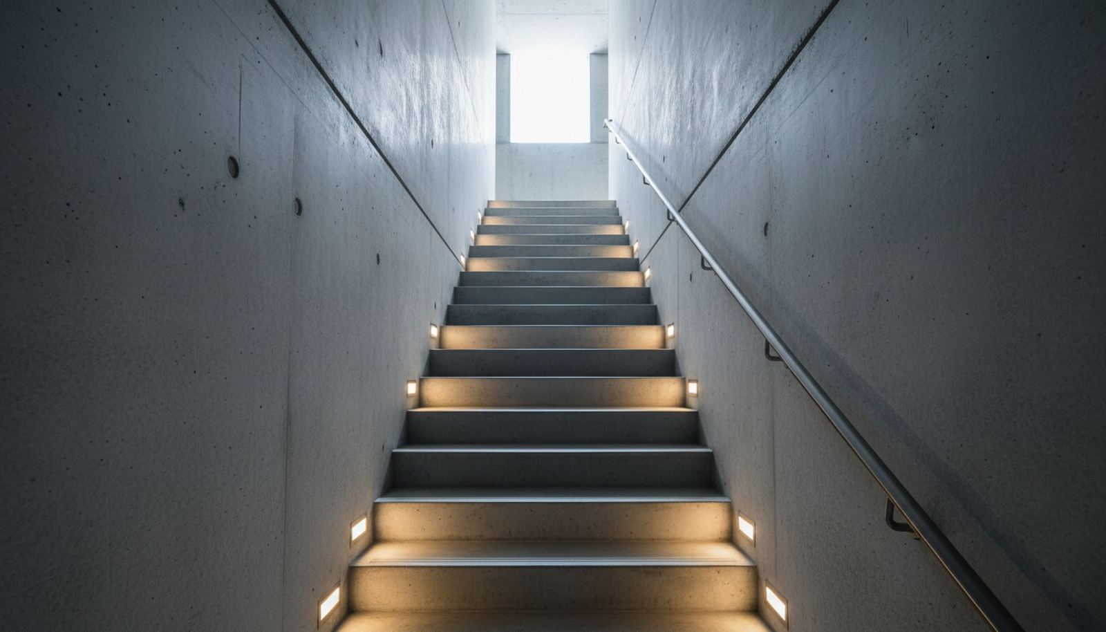 Escalier en béton vu depuis le fond d'un abri enterré, lumière du jour à l'ouverture tout en haut