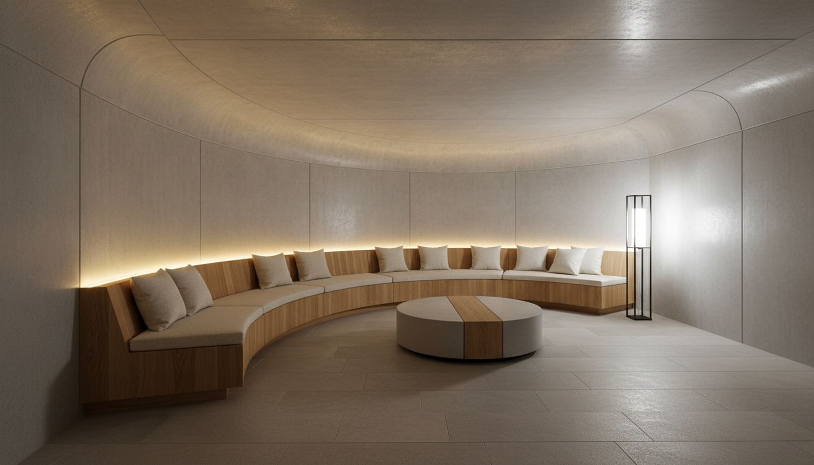 Salon d'un abri enterré dessiné par un architecte, banquette courbe en chêne et éclairage indirect