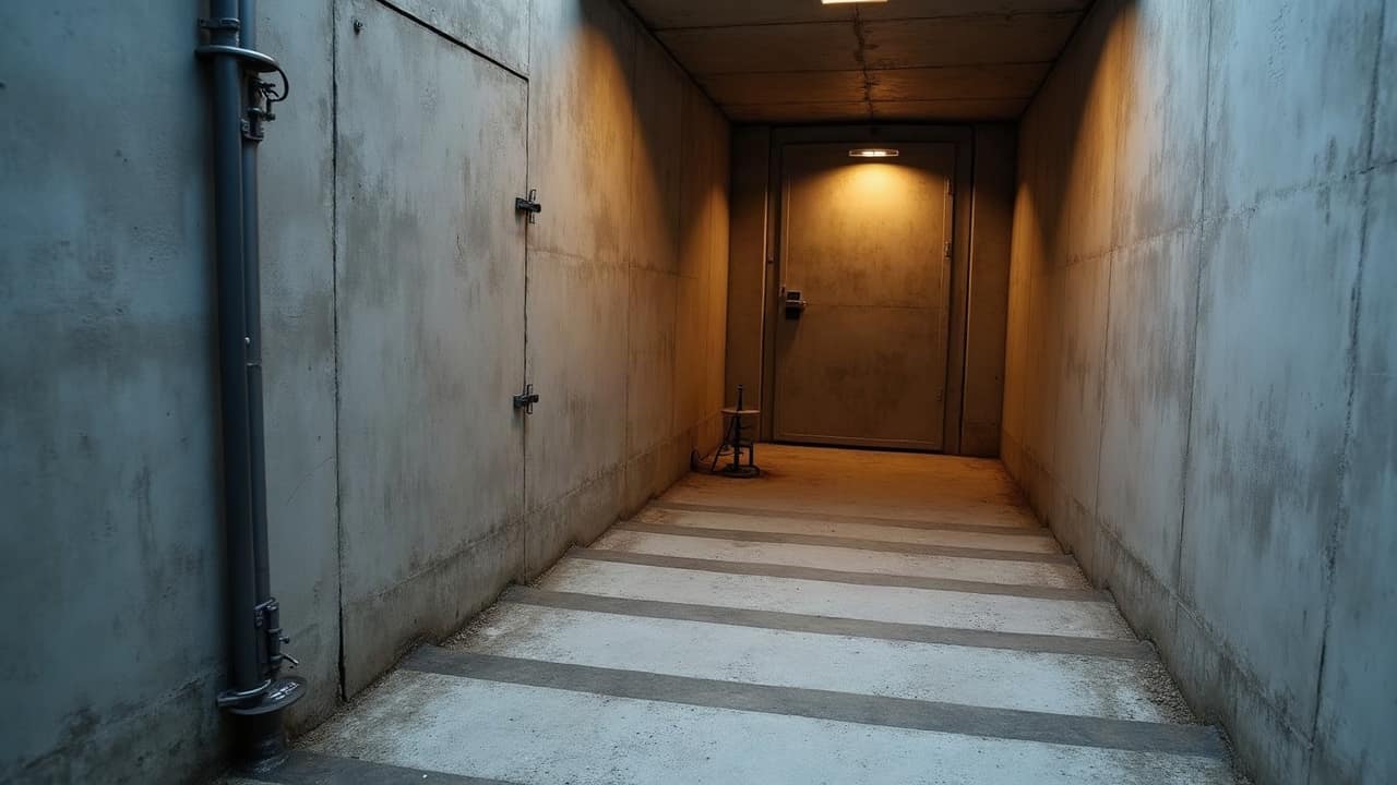 Escalier en béton lisse menant à l'intérieur d'un abri enterré terminé, éclairage chaud en contrebas