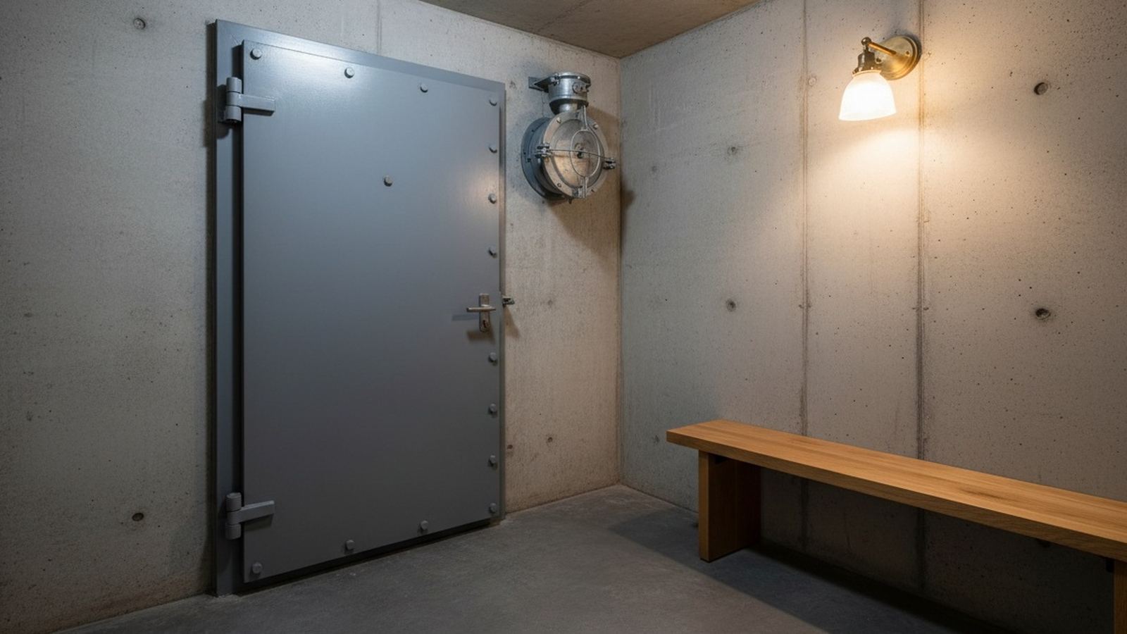 Sas d'un abri enterré, porte blindée rectangulaire fermée et clapet de surpression dans le mur en béton