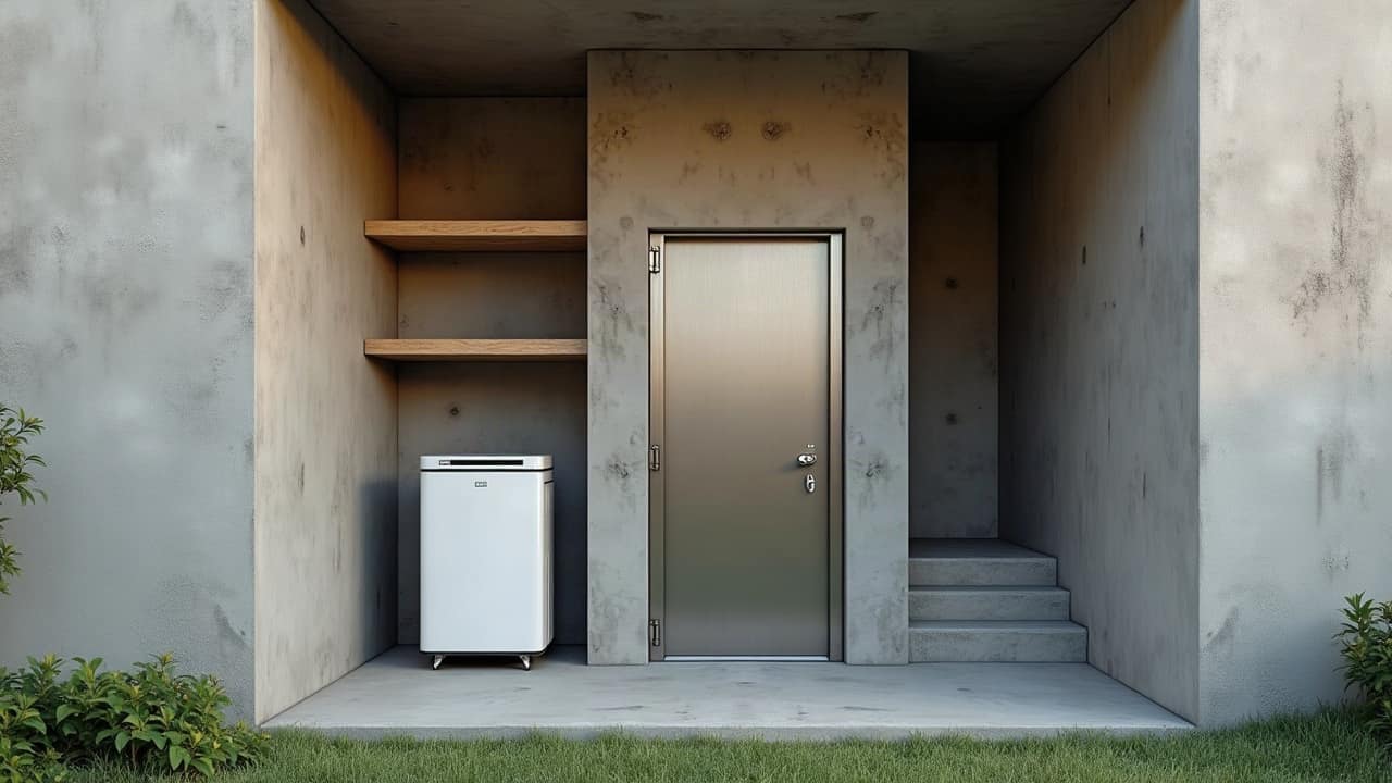 Coin technique d'un abri, déshumidificateur et unité de ventilation sur un mur en béton