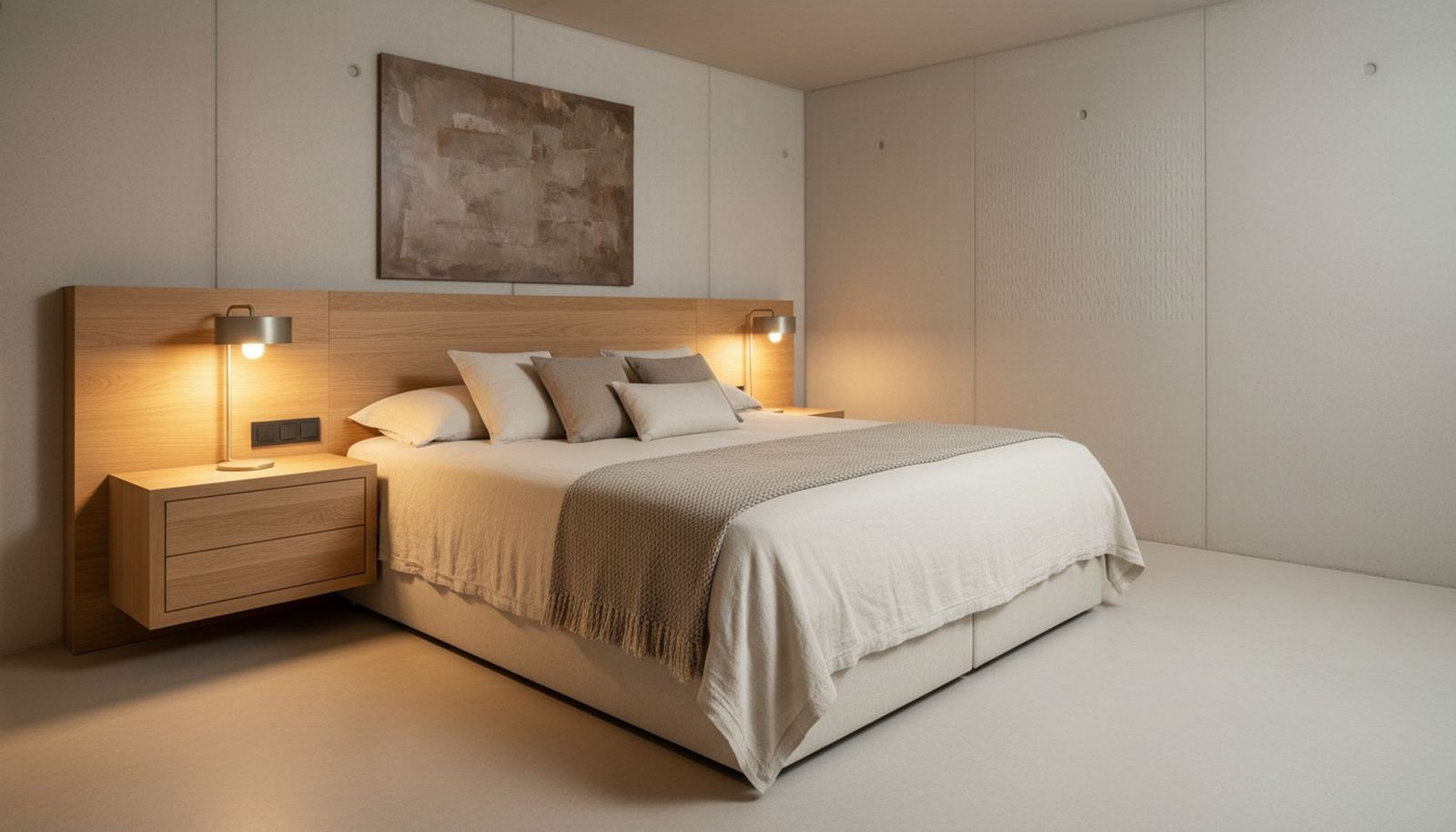Chambre d'un abri enterré, lit en lin, tête de lit en chêne et lampes de chevet allumées