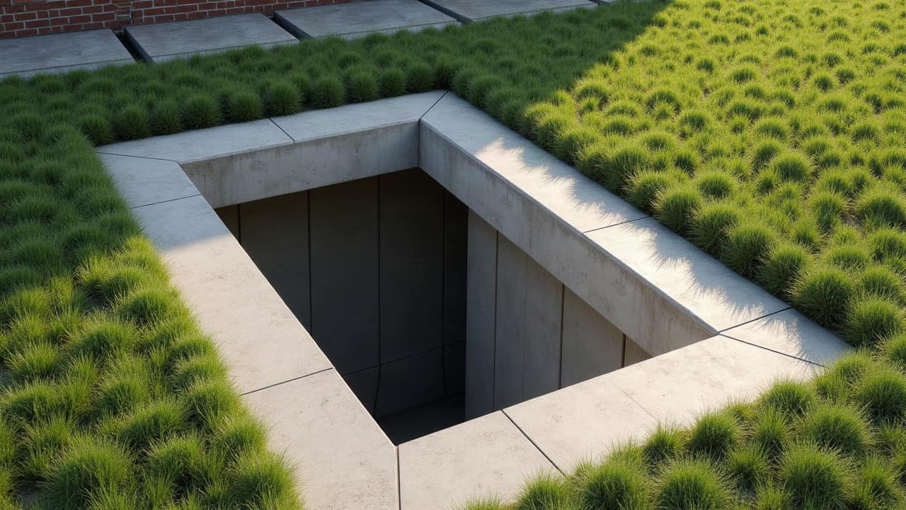 Trappe d'accès en acier intégrée à la pelouse, jardin entretenu avec allée pavée à proximité