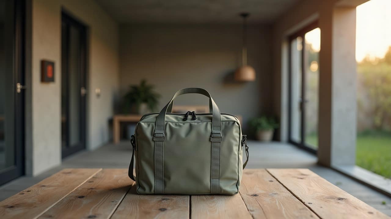 Un sac de fournitures d'urgence compact posé sur une table dans un salon lumineux