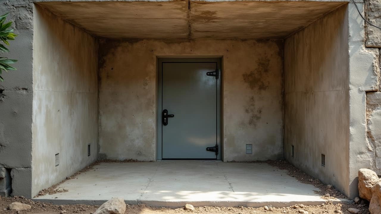 Cave à voûte basse rénovée, porte en acier dans un cadre en béton neuf
