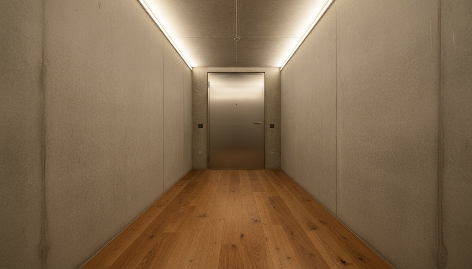 Couloir d'un abri enterré, murs en béton, parquet de chêne et porte d'acier au fond