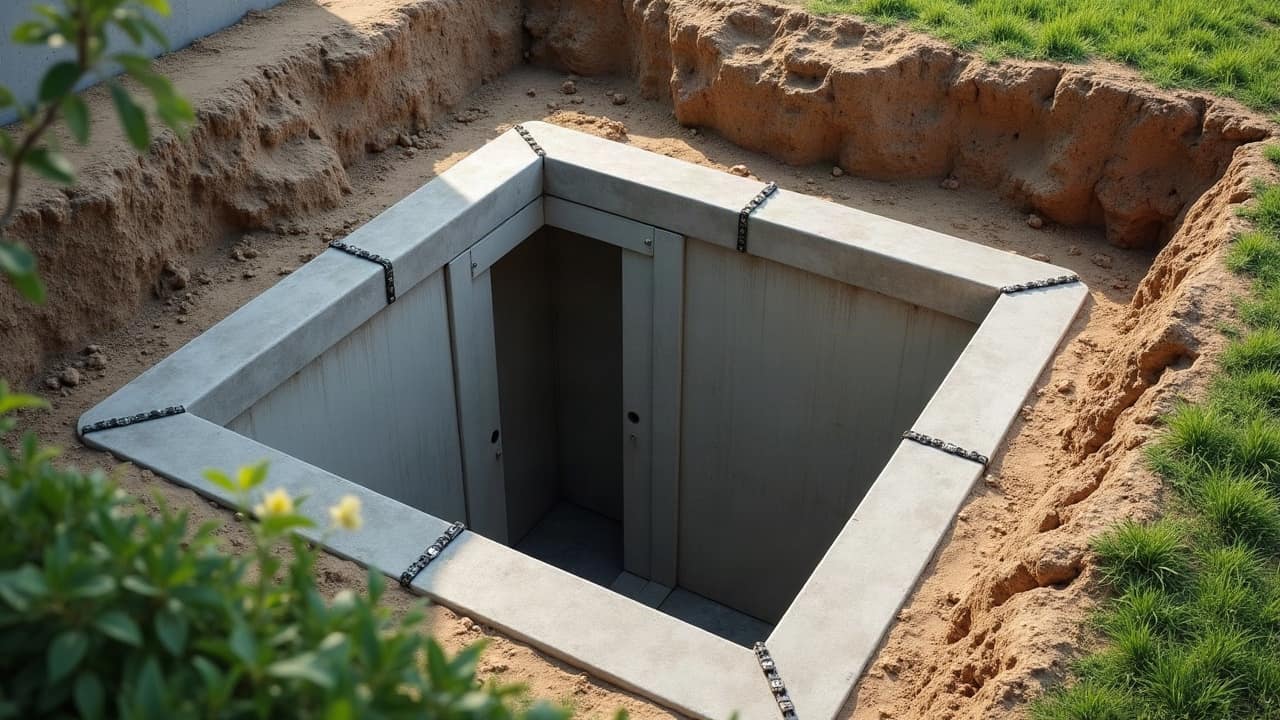 Fouille propre avec couches de terre visibles et une petite flaque d'eau souterraine dans un coin
