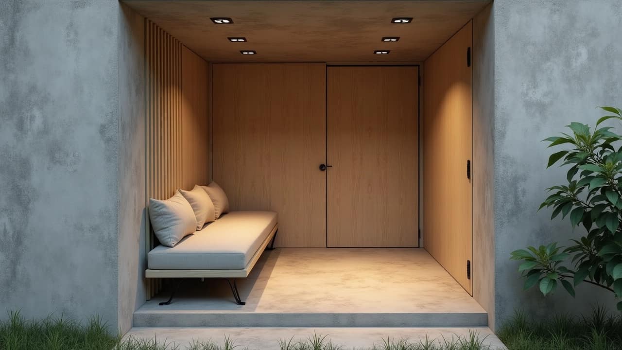 Pièce sécurisée d'appartement, rangements en chêne, banquette et écran mural
