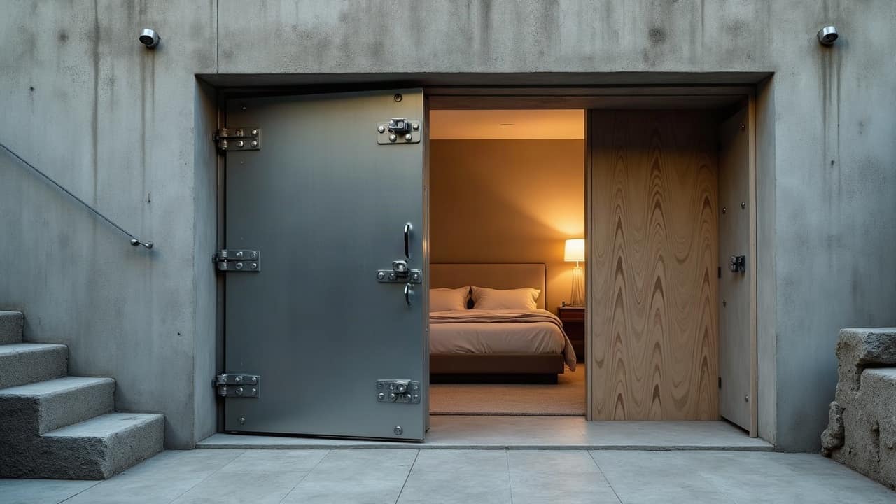 Comparaison schématique d'une pièce sécurisée aménagée dans un logement existant et d'un abri enterré construit sous un jardin