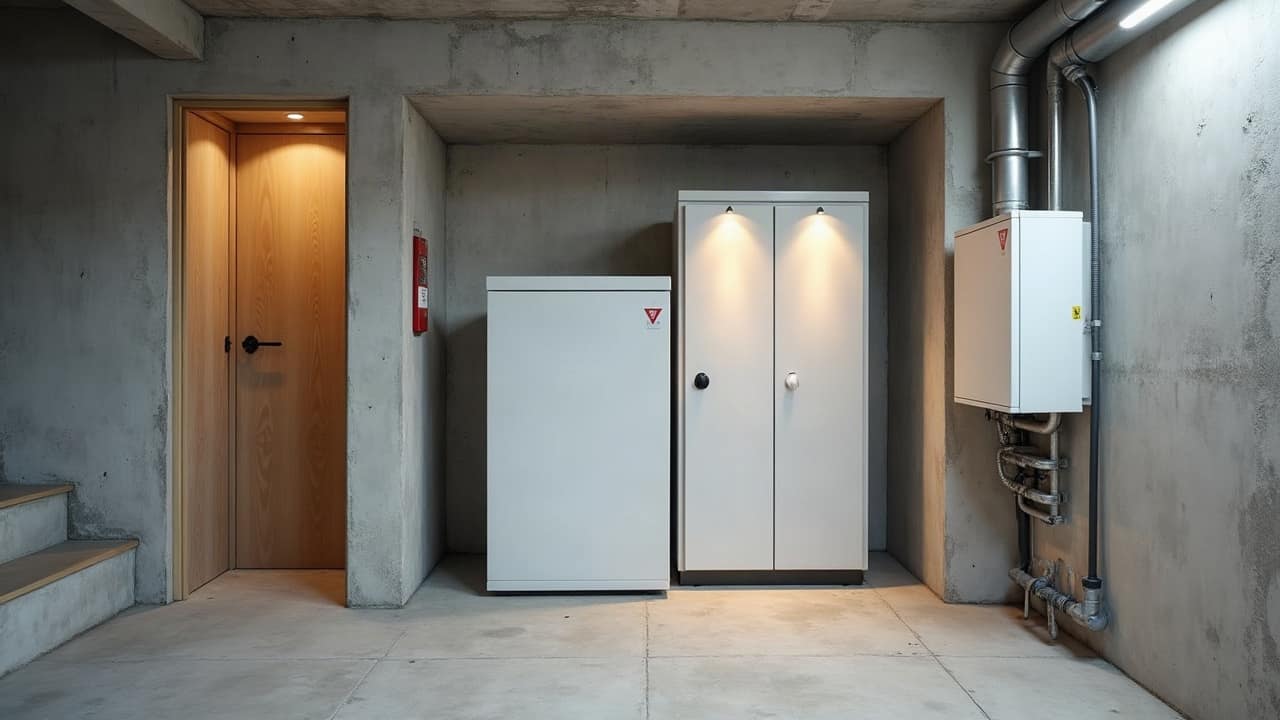 Local technique d'un abri, armoires de batteries et tableau électrique soignés