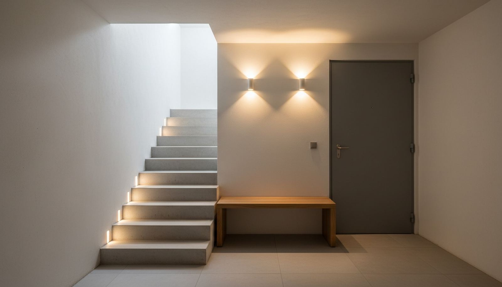 Palier au pied de l'escalier d'un abri enterré, porte d'acier fermée et banc en chêne