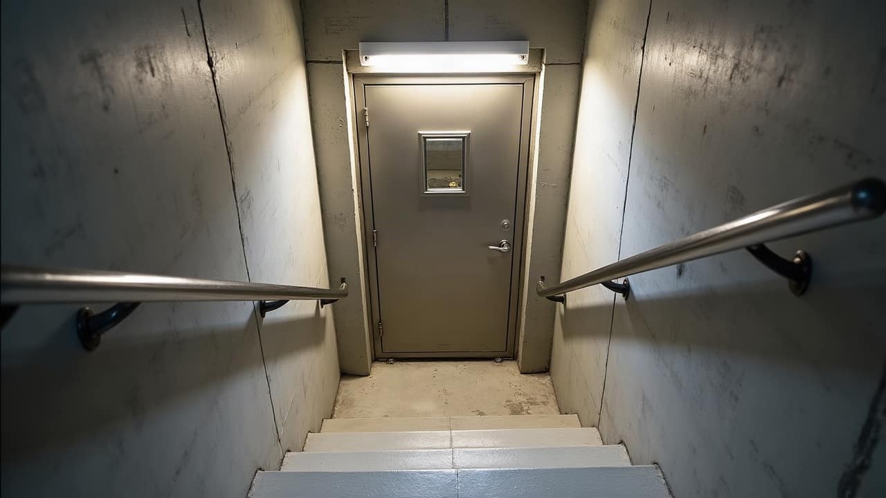 Escalier en béton menant à un niveau enterré, rampe métallique et éclairage tempéré
